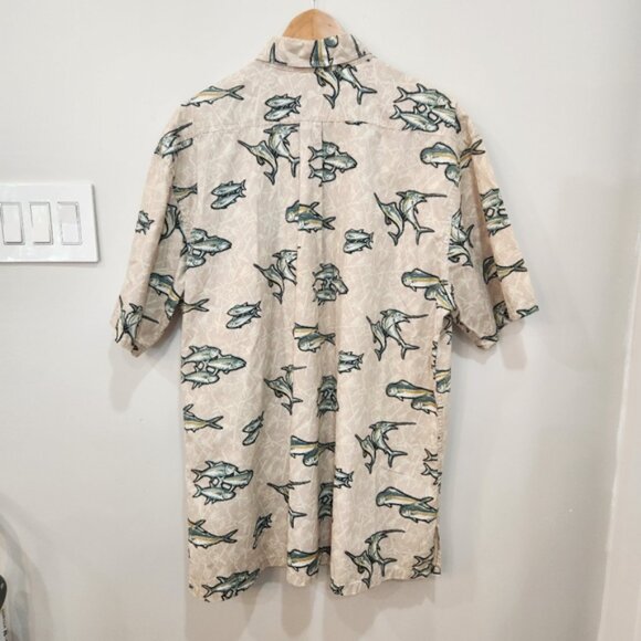 Hook Tackle Hawaiian Shirt Mens XL Cream All Over Fish Print 100% Cotton Beach - Picture 3 of 12